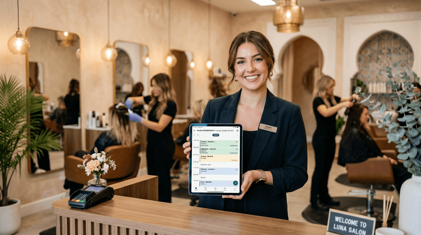 Réceptionniste utilisant l'agenda Ollazen sur une tablette dans un salon de beauté animé